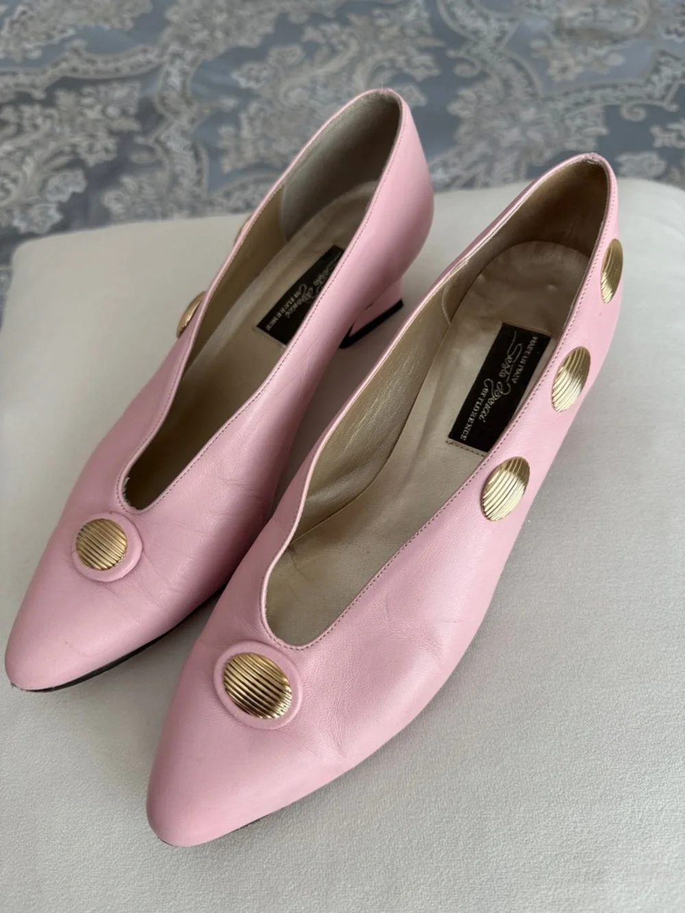 Sesto Meucci Pink Leather Gold Button Vintage Italian Designer Kitten Heel 7.5 - Picture 6 of 7